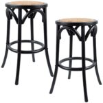 Aster 2pc Round Bar Stools Dining Stool Chair Solid Birch Wood Rattan Seat Black