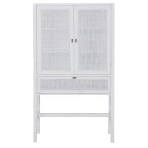 Jasmine Tall Storage Cabinet 90cm 2 Door 1 Drawer Mindi Wood Rattan - White