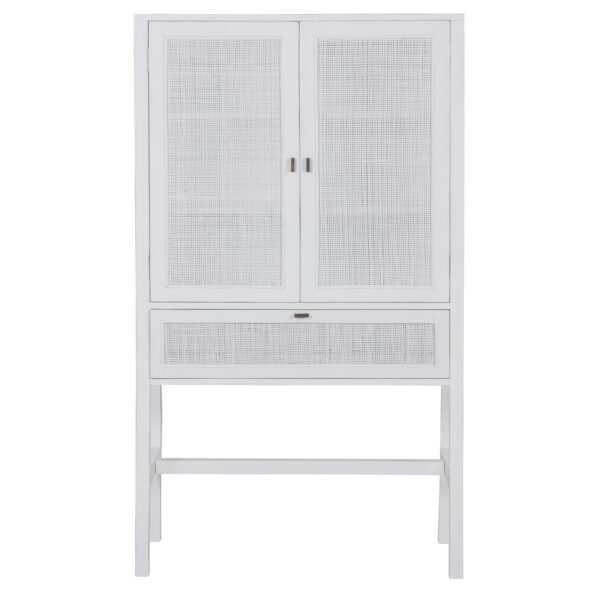 Jasmine Tall Storage Cabinet 90cm 2 Door 1 Drawer Mindi Wood Rattan - White