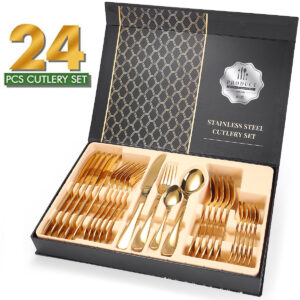 24-Piece Stainless Steel Gold Set  Knife Fork Spoon Flatware Set Cutlery Set  Mirror Finish