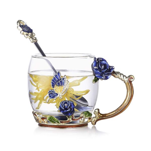 Hand Made Enamel daisy Flower Glass Coffee Mug Tea Cup Spoon Gift Idea