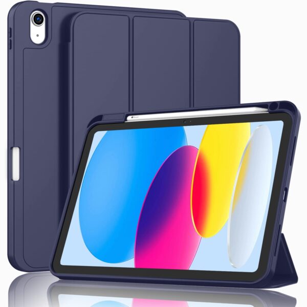 iPad 10th Case 10.9 Inch 2022 with Pencil Holder  Smart iPad Case with Soft TPU Auto Wake Sleep Dark Blue