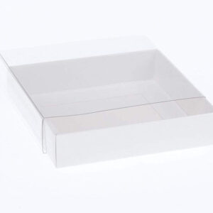 100 Pack of 15cm Square Invitation Coaster Favor Function product Presentation Cookie Biscuit Patisserie Gift Box - 4cm deep - White Card with Clear Slide On PVC Lid