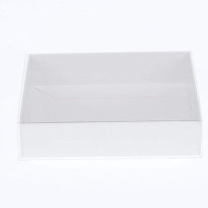 100 Pack of 8cm Square Wedding Invitation Coaster Favor Function product Presentation Cookie Biscuit Patisserie Gift Box - 2cm deep - White Card with Clear Slide On PVC Lid