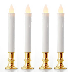 3 Pack Taper Stick White Battery Candle - Natural Flame Light Colour No Flicker - Gold Stand Base