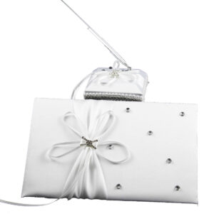 White Wedding Guest Book Register with Silver Pen Matching Stand Set 36 Lined Pages - White Ribbon and Diamante Bow Cover