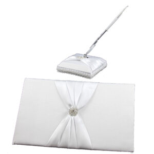 White Wedding Guest Book Register with Silver Pen Matching Stand Set 36 Lined Pages - White Sach Diamante Cover