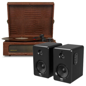 Voyager Bluetooth Portable Turntable - Brown Croc + Bundled  D40 Bluetooth Speakers - Black