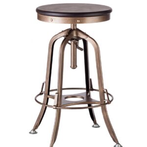 Industrial Wooden Height Adjustable Swivel Bar Stool - French Brass