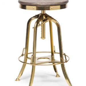 Industrial Height Adjustable Swivel Bar Stool with Oak Wood Top - Gold Finish