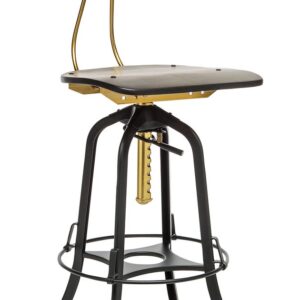 Industrial Wooden Height Adjustable Swivel Bar Stool Chair with Back - Gold Black