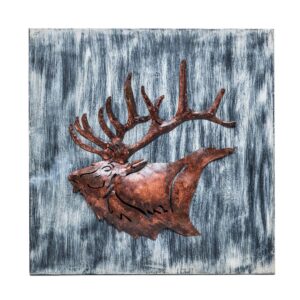 Decorative Reindeer 3D Wood Metal Wall Art Decor in Blue and Rusty Bronze