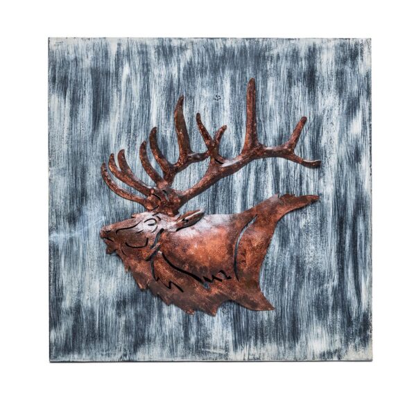 Decorative Reindeer 3D Wood Metal Wall Art Decor in Blue and Rusty Bronze