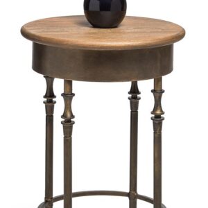 Wooden Round Side Table with Finial Legs in Dark French Brass Finish