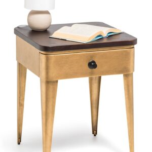 Modern Bedside Table in Brass Finish with Storage Drawer and Wood Top