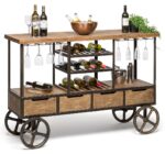 Industrial  Wooden Bar Cart Drinks Trolley Station with Wine Bottle Rack