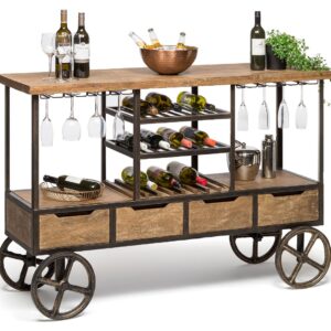 Industrial  Wooden Bar Cart Drinks Trolley Station with Wine Bottle Rack