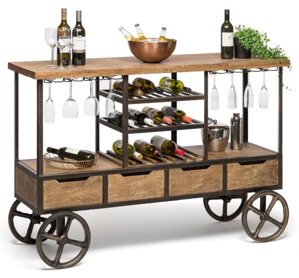 Industrial  Wooden Bar Cart Drinks Trolley Station with Wine Bottle Rack