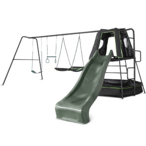 Kids Pallas Play Tower with Metal Swing Set in Green Slide