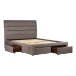 4 Pieces Storage Bedroom Suite Upholstery Fabric in Light Grey with Base Drawers Queen Size Oak Colour Bed  Bedside Table & Tallboy