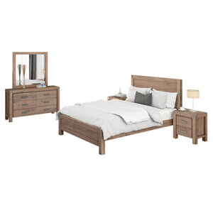 4 Pieces Bedroom Suite in Solid Wood Veneered Acacia Construction Timber Slat Double Size Oak Colour Bed  Bedside Table & Dresser