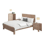 4 Pieces Bedroom Suite in Solid Wood Veneered Acacia Construction Timber Slat Double Size Oak Colour Bed  Bedside Table & Tallboy