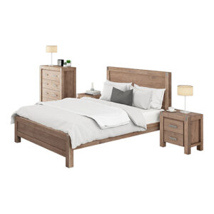 4 Pieces Bedroom Suite in Solid Wood Veneered Acacia Construction Timber Slat Double Size Oak Colour Bed  Bedside Table & Tallboy