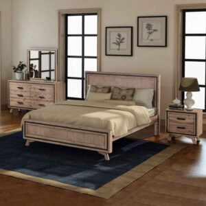 4 Pieces Bedroom Suite King Size Silver Brush in Acacia Wood Construction Bed  Bedside Table & Dresser