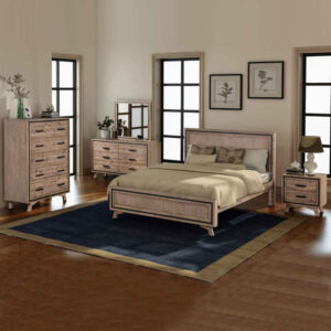 5 Pieces Bedroom Suite King Size Silver Brush in Acacia Wood Construction Bed  Bedside Table  Tallboy & Dresser