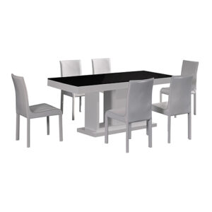 7 Pieces Dining Suite Dining Table & 6X  White Chairs in Rectangular Shape High Glossy MDF Wooden Base Combination of Black & White Colour