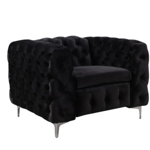 Single Seater Black Sofa Classic Armchair Button Tufted in Velvet Fabric with Metal Legs