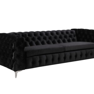 3 Seater Sofa Classic Button Tufted Lounge in Black Velvet Fabric with Metal Legs