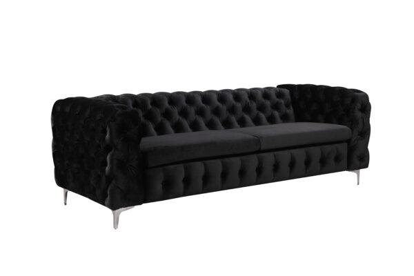 3 Seater Sofa Classic Button Tufted Lounge in Black Velvet Fabric with Metal Legs