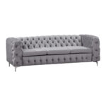 3 Seater Sofa Classic Button Tufted Lounge in Grey Velvet Fabric with Metal Legs