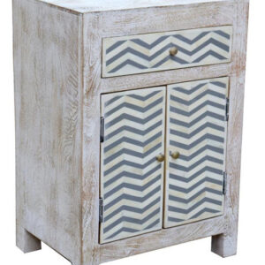 2 drawer whitewashed bedside cabinet with Grey/White bone chevron design