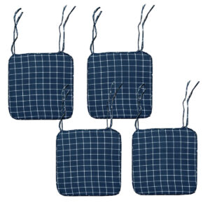 Set of 4 Square Chair Pads with Ties Checkered Navy