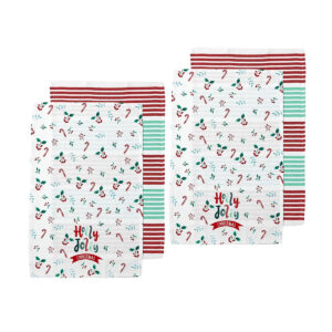 Ladelle Joyful Holly Jolly Christmas Set of 4 Cotton Kitchen Towels 45 x 70 cm