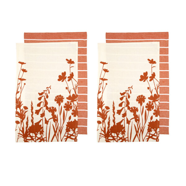 Ladelle Set of 4 Sanctuary Floral Cotton Kitchen Tea Towels 50 x 70 cm Terracotta