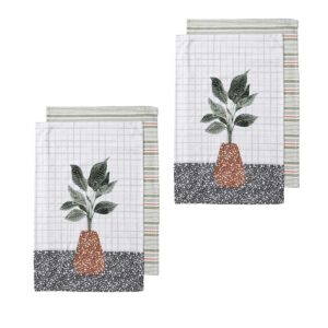 Ladelle Revive Plants Set of 4 Cotton Kitchen Towels Brown Pot