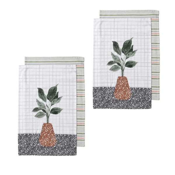 Ladelle Revive Plants Set of 4 Cotton Kitchen Towels Brown Pot