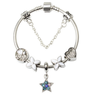 Women Silver Plated Bracelet Snake Chain with Classic Bead Barrel Clasp and Blue Star Pendant(19cm)