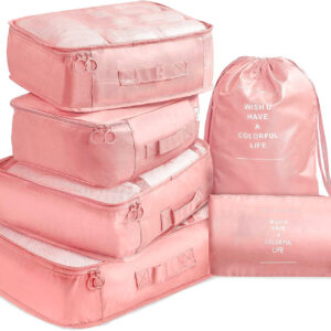 6 Pcs Waterproof Compression Packing Cubes Large Travel Luggage Organizer Storage (Pink)