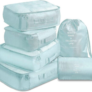 6 Pcs Waterproof Compression Packing Cubes Large Travel Luggage Organizer Storage (Light Blue)