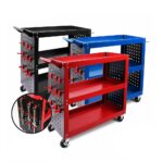 3-Tier Heavy Duty Steel Tool Trolley - Workshop Cart with Pegboard  Hooks and Locking Swivel Casters