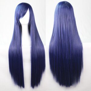 New 80cm Straight Sleek Long Full Hair Wigs w Side Bangs Cosplay Costume Womens  Dark Blue