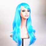 70cm Wavy Curly Sleek Full Hair Lady Wigs w Side Bangs Cosplay Costume Womens  Aqua