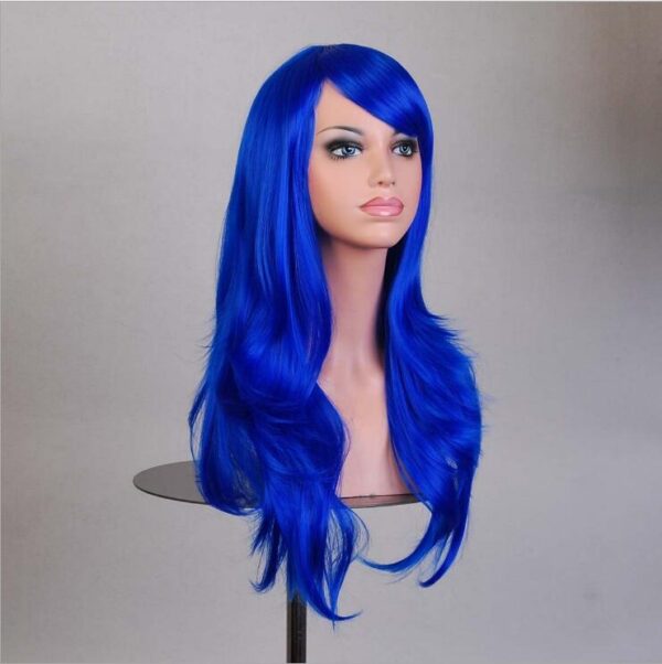 70cm Wavy Curly Sleek Full Hair Lady Wigs w Side Bangs Cosplay Costume Womens  Royal Blue