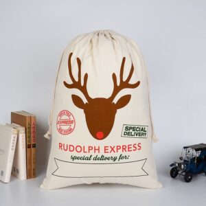 50x70cm Canvas Hessian Christmas Santa Sack Xmas Stocking Reindeer Kids Gift Bag  Cream - Rudolph Express