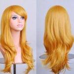 70cm Wavy Curly Sleek Full Hair Lady Wigs w Side Bangs Cosplay Costume Womens  Golden Blonde