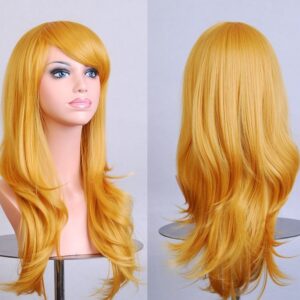 70cm Wavy Curly Sleek Full Hair Lady Wigs w Side Bangs Cosplay Costume Womens  Golden Blonde